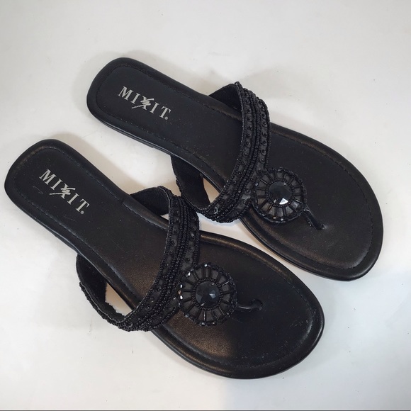 MEXIT BLACK BEADED EMBELLISHED T STRAP SANDALS SZ 9 - Picture 6 of 10